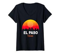 Donna El Paso Texas State USA Vintage Sunset Retro City Skyline Maglietta con Collo a V