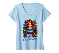 Donna El Salvador Bandiera Salvadoregna Patrimonio ispanico Famiglia Ara Maglietta con Collo a V