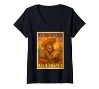 Donna El Squatcho Ate My Taco, Divertente Disegno a Forma di Bigfoot Maglietta con Collo a V