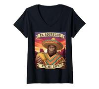 Donna El Squatcho Ate My Taco Messicano Sasquatch Grafica Divertente Maglietta con Collo a V