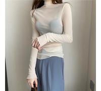 Donna Elasticizzato Basic Camicia Camicetta collo Alto Tulle Pullover Top Puro