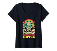Donna Elderly White Hippie Skeleton Rainbow Peace Sign Retro Maglietta con Collo a V