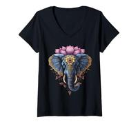 Donna Elefante Mandala colorato Arte Amante degli Animali Motivo Elefante Maglietta con Collo a V