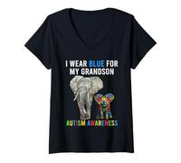 Donna Elefante nonna nonno autismo indosso blu per mio nipote Maglietta con Collo a V