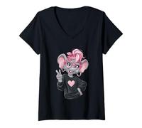 Donna Elefante Ragazza Kawaii Segno della Pace Occhiali Rosa Grafica Pop Maglietta con Collo a V