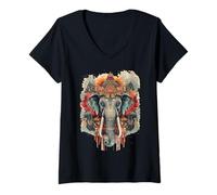 Donna Elefante Sacro Tempio Thai India Art Maglietta con Collo a V