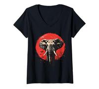 Donna Elefante Safari Tramonto Wildlife Tribal Nature Art Maglietta con Collo a V