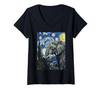 Donna Elefante Van Gogh Notte Stellata Pittura Artistica Maglietta con Collo a V
