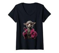 Donna Elegante Agnello Ritratto Moda Pecora Vino Vetro Grafico Fattoria Maglietta con Collo a V