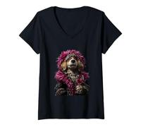 Donna Elegante Cocker Spaniel Ritratto Moda Cane Vino Grafica Maglietta con Collo a V
