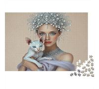 Donna Elegante con Gatto 1000 Pezzi Donna con Gatto Bianco Cartone Riciclato Eco-friendly Riduttore Ansia Decorazione Regalo Housewarming 52x38cm