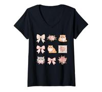 Donna Elegante Gatto Persiano Toile Rosa Fiocco Motivo Floreale Maglietta con Collo a V