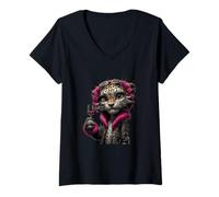 Donna Elegante Leopard Ritratto Felino Vino Rosa Grafica Moda Maglietta con Collo a V