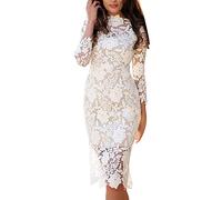 Donna Elegante Pizzo Floreale di Nozze Elasticizzato a Maniche Lunghe Cocktail Party Lunghezza al Ginocchio Abito Avvolgente a Tubino Aderente da Lavoro Bianco XL