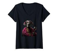 Donna Elegante Ritratto di Cane Moda Cane Rosso Bicchiere Grafico Maglietta con Collo a V