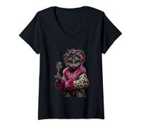 Donna Elegante Ritratto Gatto Moda Gatto Rosa Vino Grafico Rotondo Maglietta con Collo a V