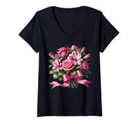 Donna Elegante rosa rosa e giglio bouquet con un fiocco forme Mania Maglietta con Collo a V