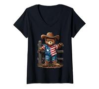 Donna Elegante Texas Cowboy Teddy Bear Star Maglietta con Collo a V