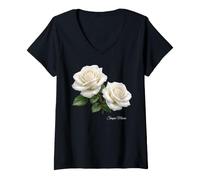 Donna Elegante Vintage Bianco Rose Duo Coppia Forme Mania Maglietta con Collo a V
