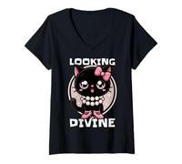 Donna Eleganza con un tocco felino. Gatto. Dall'aspetto divino. Maglietta con Collo a V