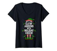 Donna Elfin' Around con Holiday Cheer! Pigiama di Natale Maglietta con Collo a V