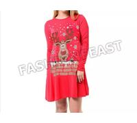 Donna Elfo Babbo Natale Stampa Natale Swing Abito Pattinatrice Costume UK 8- 26