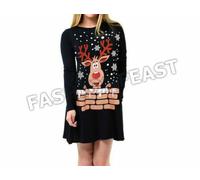 Donna Elfo Babbo Natale Stampa Natale Swing Abito Pattinatrice Costume UK 8- 26