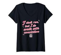 Donna Elle I Don't Run But I Do Walk with Conviction Cursive Text Maglietta con Collo a V