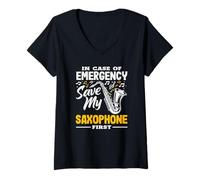 Donna Emergency Save My Saxophone First Funny Saxofonist Maglietta con Collo a V