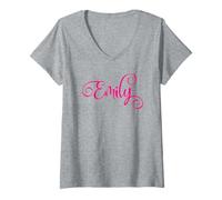 Donna Emily Nome Personalizzato Rosa Script Lettere Donne Ragazze Maglietta con Collo a V