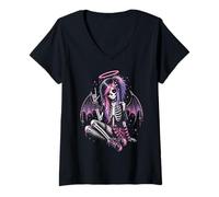 Donna Emo Gotico Ragazza Scheletro Ragazza Angelo Punk Stile Gotico Scuro Maglietta con Collo a V