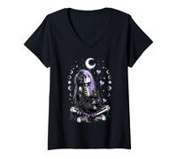 Donna Emo Scheletro Ragazza Gatto Luna Design Goth Girl E-Girl Maglietta con Collo a V
