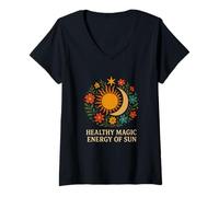 Donna Energia Magica del Sole, Stelle e Luna Boho Graphic Maglietta con Collo a V