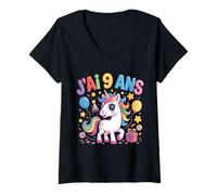 Donna Enfant Unicorno Enfant 9ans Anniversaire Garcon Fille Licorne Maglietta con Collo a V