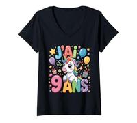 Donna Enfant Unicorno Enfant 9ans Anniversaire Garcon Fille Licorne Maglietta con Collo a V