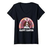 Donna English Springer Spaniel Dog Easter Bunny Eggs Hunt Rainbow Maglietta con Collo a V