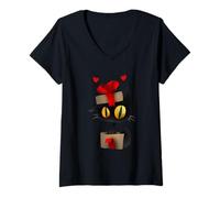 Donna Enjoy Cool Funny Christmas Black Cat in Gift Box Graphic Fun Maglietta con Collo a V