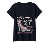 Donna Entrando nel Mio 27 ° Compleanno con la Grazia di Dio & Misericordia Maglietta con Collo a V