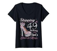 Donna Entrando nel Mio 49° Compleanno con la Grazia di Dio & Misericordia Maglietta con Collo a V