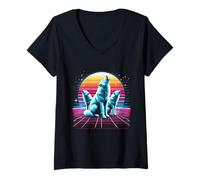 Donna Epic 3 Lupi Che Ululano alla Luna 80s Wolf Vaporwave Maglietta con Collo a V