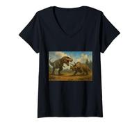 Donna Epic Dino Battle T Rex Vs Triceratops Kids Maglietta con Collo a V