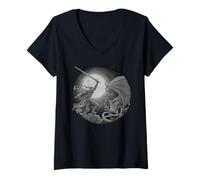 Donna Epic Knight Fighting Dragon Dettagliato Inciso Moonlight Art Maglietta con Collo a V