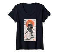 Donna Epic Ninja Cat Equitazione Squalo Divertente Giapponese Ukiyo-e Art Maglietta con Collo a V