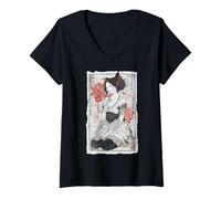 Donna Epic Ninja Cat Equitazione Squalo Divertente Giapponese Ukiyo-e Art Maglietta con Collo a V