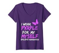 Donna Epilepsy Awareness I Wear Purple for Myself Butterfly Ribbon Maglietta con Collo a V