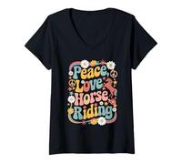 Donna Equestrian 60s 70s Hippie Retro Pace Amore Equitazione Maglietta con Collo a V