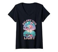 Donna Equilibrare la luce fenicottero luna riflessione pastello natura Maglietta con Collo a V