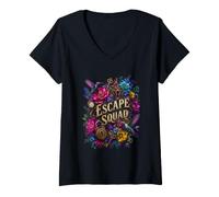 Donna Escape Squad Escape Room Puzzle Team Floral Hummingbird Maglietta con Collo a V