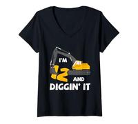 Donna Escavatore 12th Birthday Diggin It Veicolo da Costruzione Maglietta con Collo a V