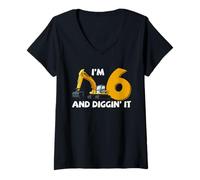 Donna Escavatore 6 ° Compleanno Diggin It Veicolo da Costruzione Maglietta con Collo a V